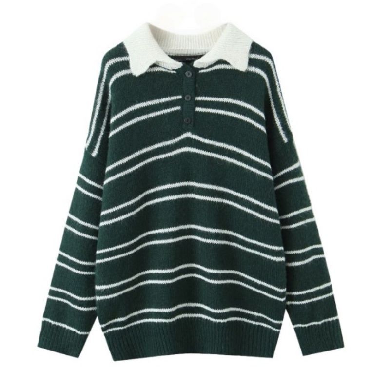 Retro Tone American Style Lazy Feeling Loose Contrast Color Stripe Pullover Versatile Sweater Preppy Knit Top