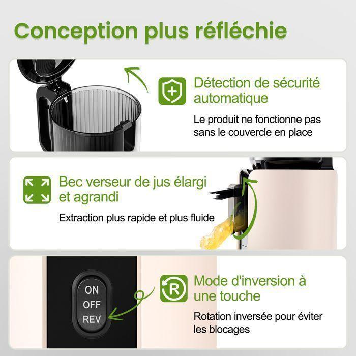 Extracteur de jus à froid - VENTRAY - 250W pour Fruits et Légumes - Goulotte 120mm - 1.2L - Nettoyage Facile - Ivoire