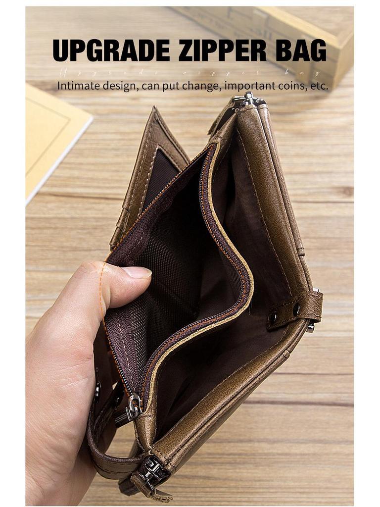 Cow Captain Vintage RFID Men's Trifold Zipper Wallet - Genuine Leather & Top Layer Cowhide