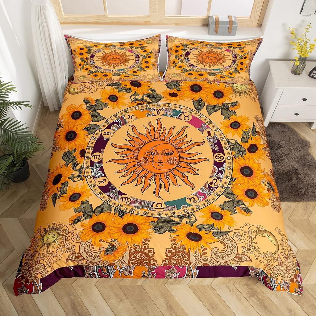 Zestaw poszewek na kołdrę Słońce i Księżyc Rozmiar Queen, Zestaw pościeli w stylu Boho Hippy ze znakiem Pokoju, Dekoracja pokoju dziewcząt i chłopców, Rustykalna poszewka na kołdrę