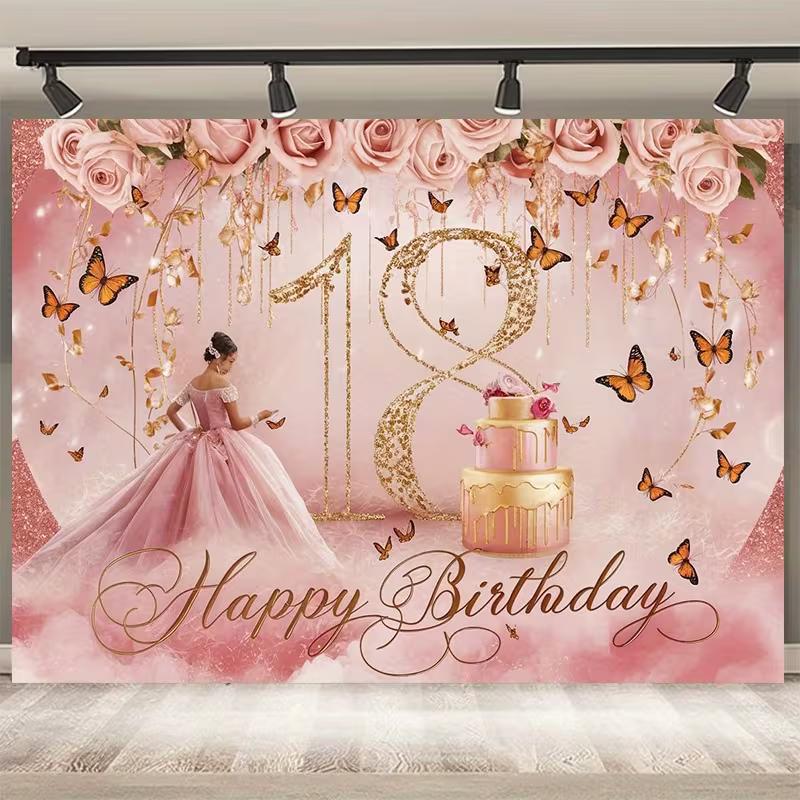 2D Pink Gold 18th Happy Birthday Backdrop Banner with Butterflies & Roses