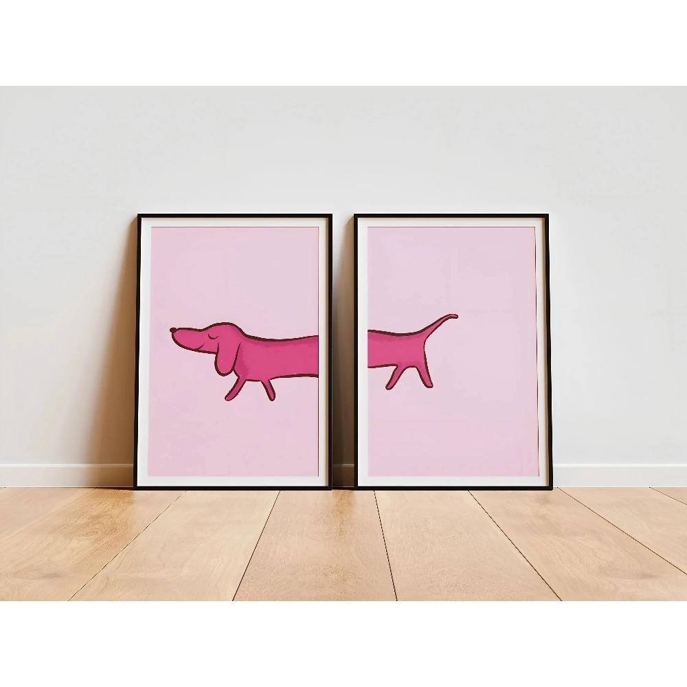 3Pcs Funny Pink Dachshund Wall Art, Minimalist Cartoon Sausage Dog Split Canvas Prints, Cute Whimsical Pastel Pet Wall Arts