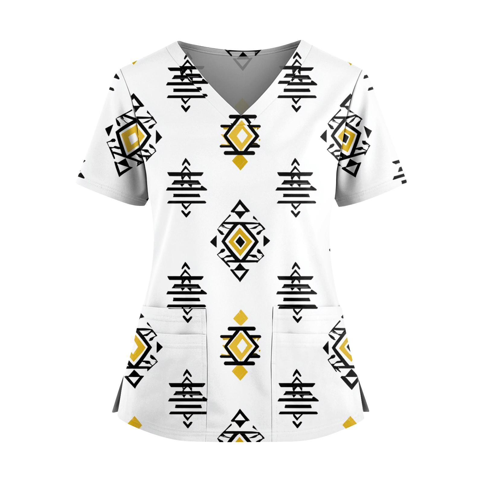 

Женская модная рубашка с цветочным принтом, V-образным вырезом, двойным карманом, короткими рукавами, разрезом по низу и защитным рабочим топом S белый