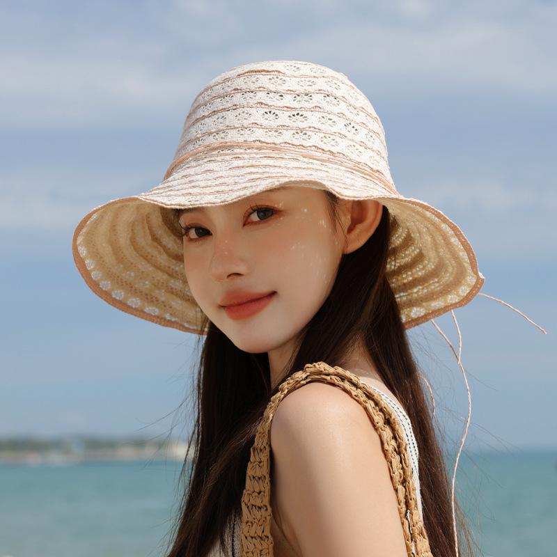 Spring/Summer Women's Season Lace Straw Hat Beach Sunscreen Sun Hat Large Brimmed Fisherman's Hat Cap H308