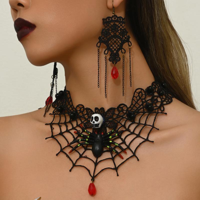 Lace Spider Web Design Necklace Earrings Set Retro Gothic Style Black Lace Choker Necklace Halloween Jewelry