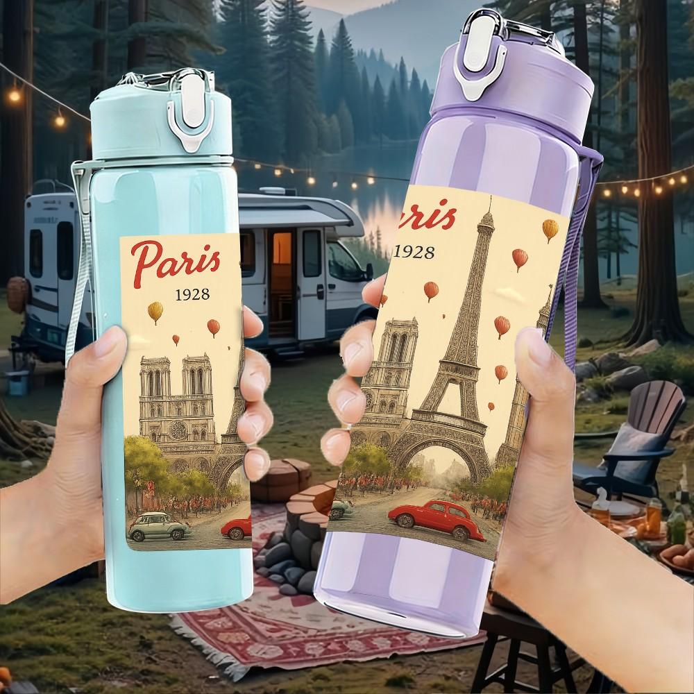 1PC Paris Eiffel Tower Retro Card 750ml Color Plastic Sports Water Bottle Leakproof Flip Straw Lid For Sports Office Home Use