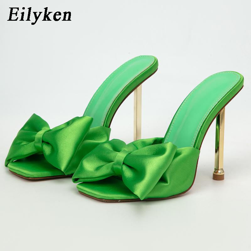 Eilyken Yüksek Topuk Yaz Ipek Kelebek-düğüm Pompaları Terlik Peep Toe Bayan Ayakkabı Slaytlar Metal Yeni Marka Moda Topuklu Kadın 9 Renk PU