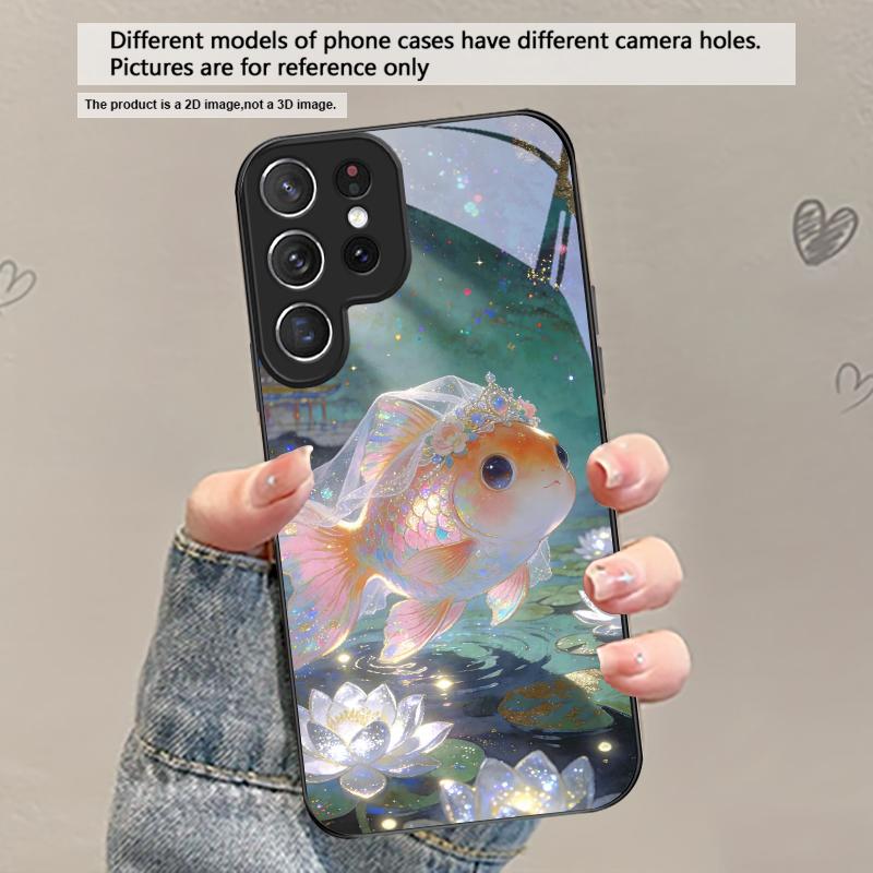 Милый золотой рыбка вуалехвост Для Samsung Galaxy S20 S21 S22 S23 Plus S24 FE S25 Ultra S26 Edge S25+ S20+ S22+ Черный стеклянный чехол для телефона