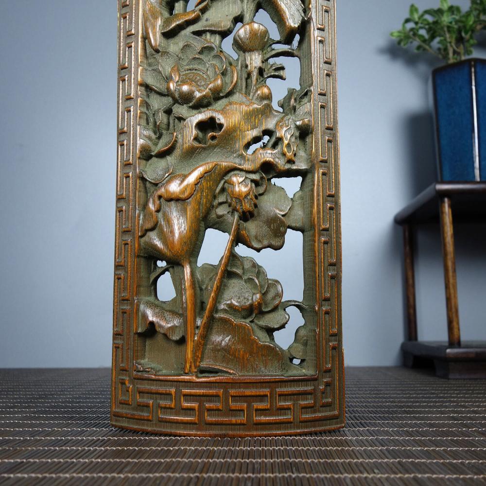 Chinese Antique Vintage Bamboo Carving Flower Bird Statue Exquisite Arm Pillow