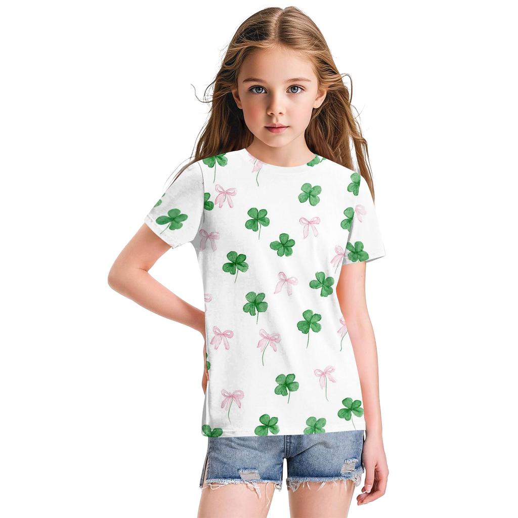 Cute Floral Print Loose Casual Fashion Round Neck Short-Sleeved Top For Children