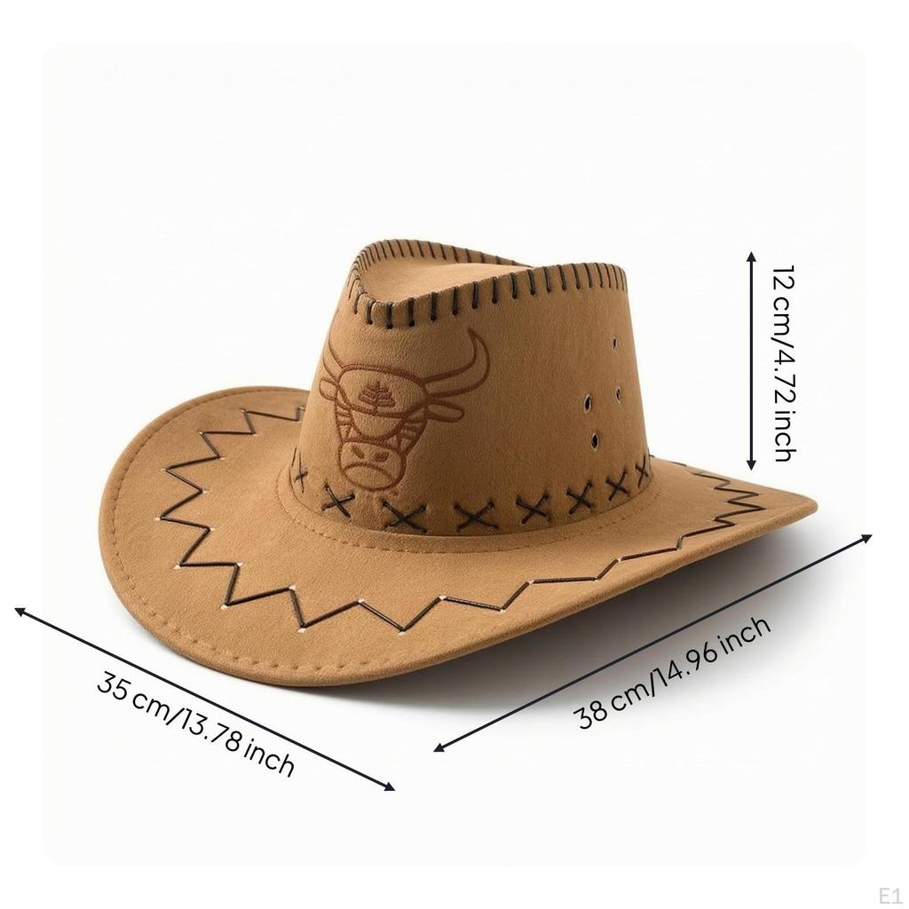 Cowboy Hat with Bull Head Windproof Chin Cord Wide Brim for Cowboy, Women, Outdoor,