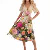 Women's Casual Fashion Flared Skirt V-neck Short-sleeved Floral Print Dress