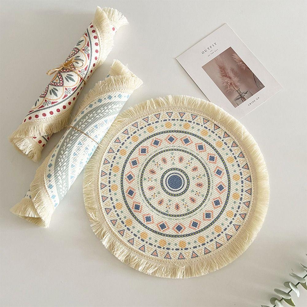 Retro Heat Resistant Bohemian Placemat Weave Jute Round Woven Placemat Non-Slip Tassel Woven Mat Birthday Decoration