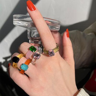 Cool Fashion Jewelry Rhinestone Women Acrylic Girls Resin Rings Geometric Finger Ring Transparent