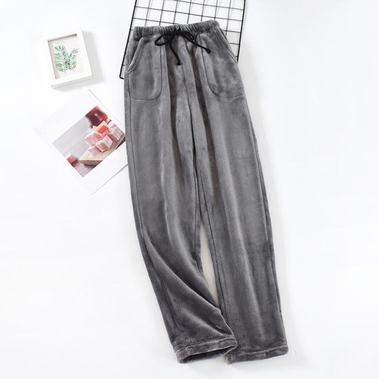 Men Homewear Pants Thicken Loose Solid Color Coral Fleece Elastic Waist Cold-proof Drawstring Loose Men Winter Pants for Camping