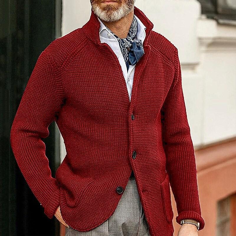 Men's Slim Fit Knitted Sweater - Solid Color, Turn-Down Collar, Long Sleeve, Trendy Brand for Fall/Winter