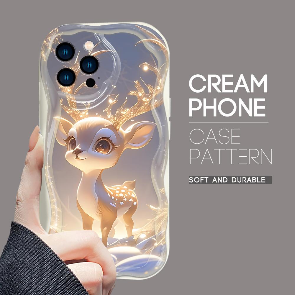 For iPhone 16 15 14 13 12 Samsung S24 S23 S22 A06 A13 A14 A15 A16 A55 Redmi Note 13 12 Cream Texture Wavy Edge Cute Deer Design Soft Phone Case