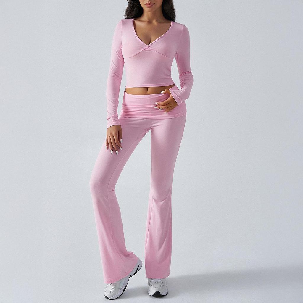 European-American Women's Casual Sports Slim Knit Two-Piece Set - Long Sleeve Top & Pants, Lazy Style.