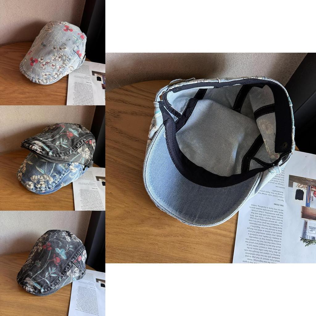 Ethnic Style Denim Cotton Cap With Floral Print For Streetwear And Sun Protection