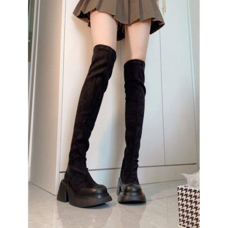 

High-heeled waterproof platform fat mm boots elastic boots women s 2025 autumn and winter new knee boots thin boots sleeve boots 35