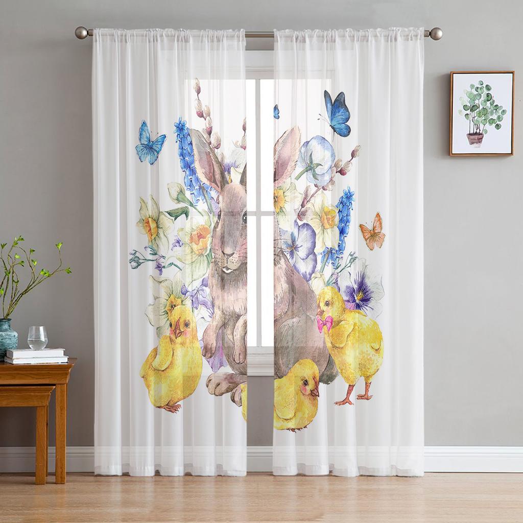 Oster-LKW Hase Schmetterling Kirschblüte Transparente Vorhänge für Wohnzimmer Voile-Vorhang Schlafzimmer Tüllvorhänge Fensterdekoration