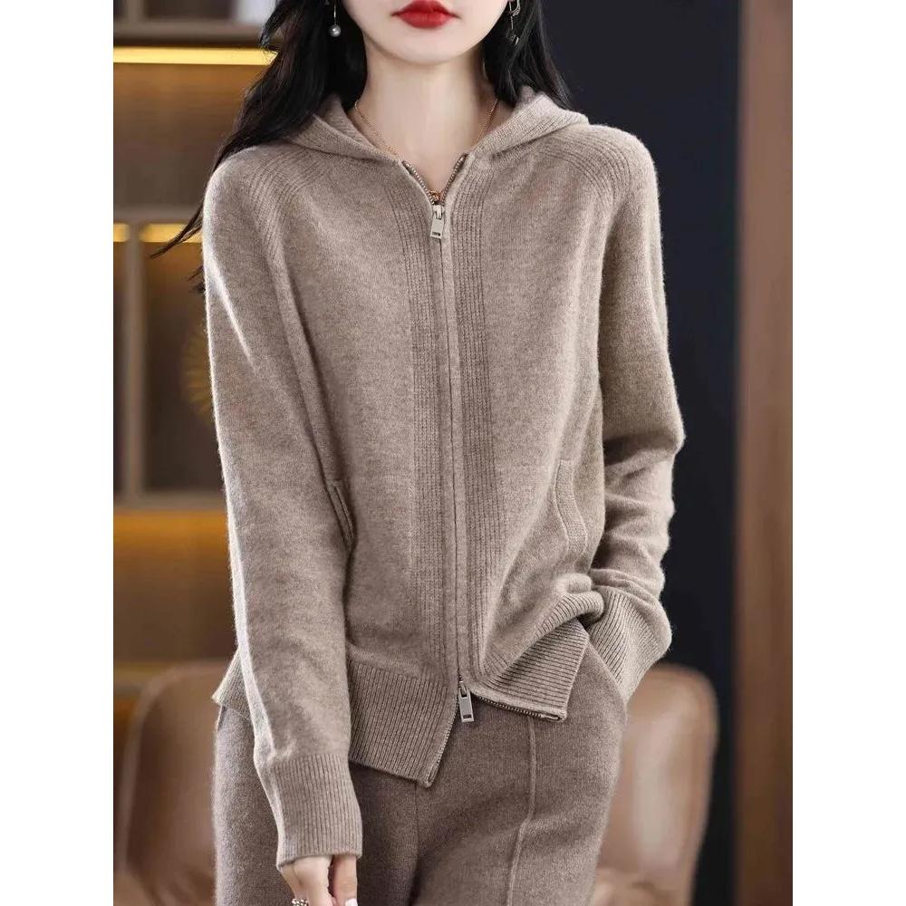 Herbst Reißverschluss Strickjacke Jacke Damen Lässig Einfarbig Kapuze Kaschmir Pullover Mantel Weiblich Wild Stricken Oberteile