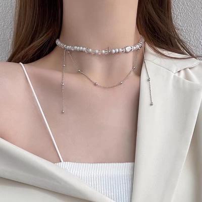 Double-layer Beaded Stacked Necklace Fairy Light Luxury Niche Design Tassel Collarbone Chain New Accessories