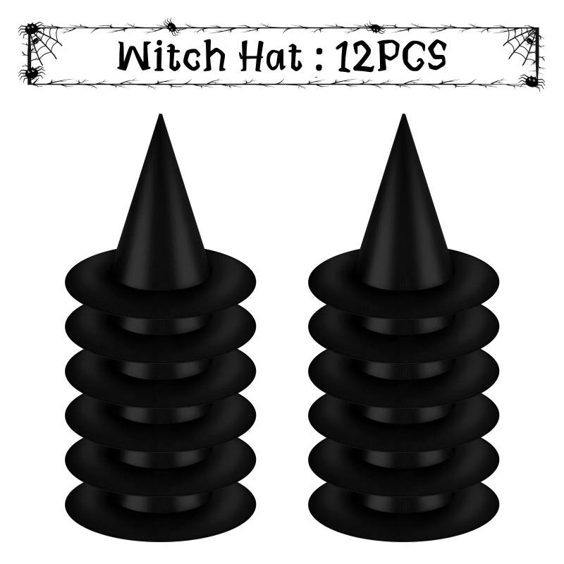 12Pcs Halloween Decoration Witch Hat Cap Costume Accessory Halloween Party Horror Props Oxford Hat Pure Black Pointed Hat Magic Hat