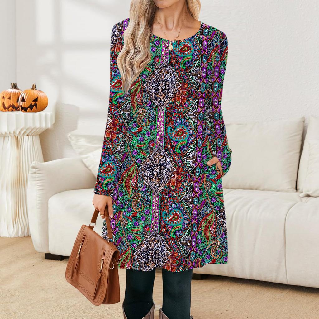 Damen Lässige Mode Langarm Grafikdruck Vintage Kleider mit Taschen