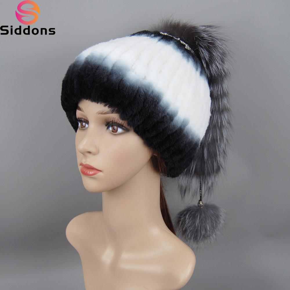 Russia New Style Women Natural Real Fox Fur Beanies Hat Girls Natural Real Rex Rabbit Fur Skullies Cap Knit Winter Real Fur Hats