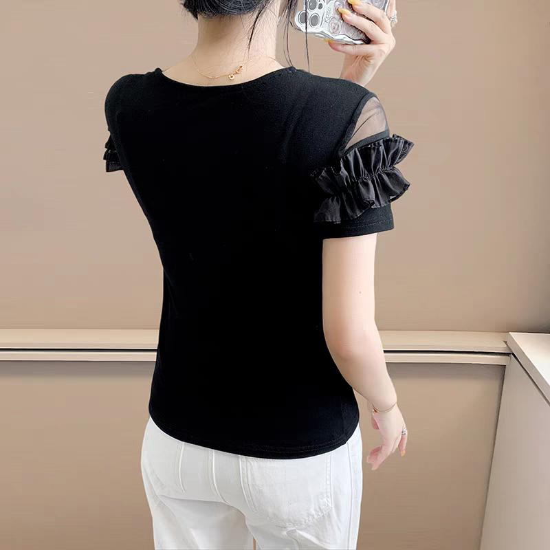 Klassisk Sommer Dame Mesh Volang Blomsterpynt Firkantet Krage Kort Ermet T-skjorte Elegant Boutique Dame Casual Topper T-skjorter