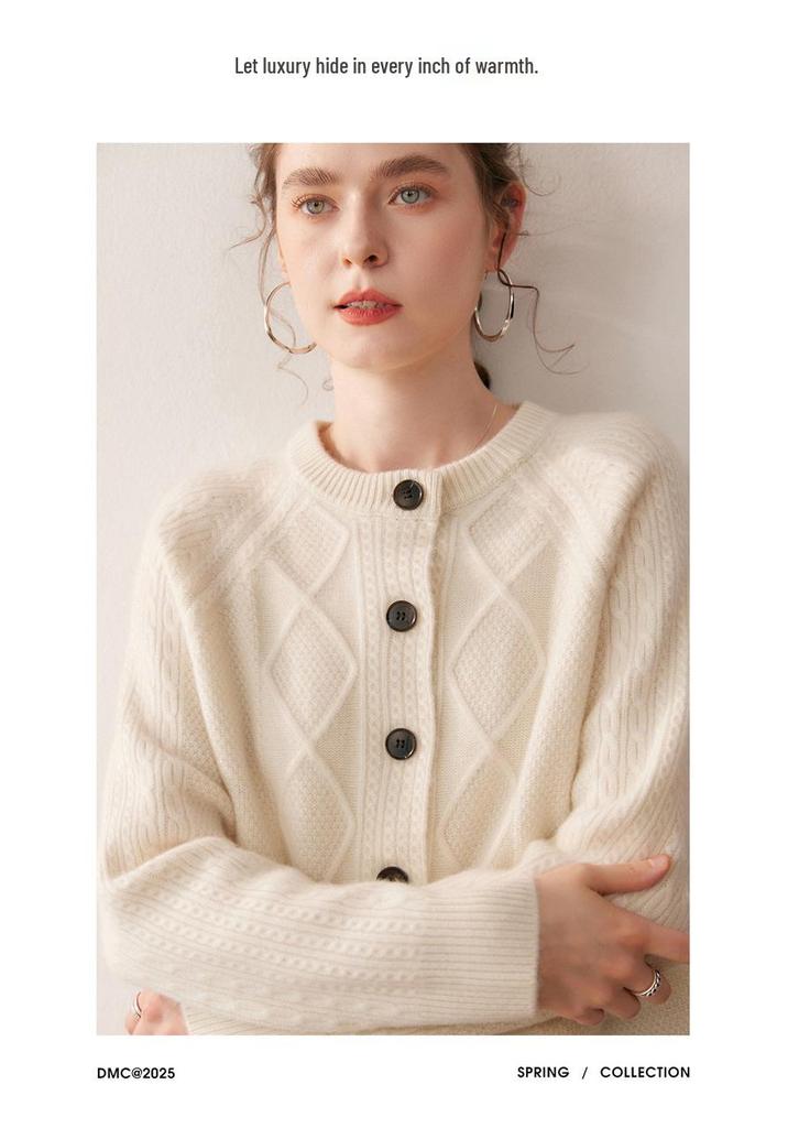 2025 Autumn/Winter Thick Diamond Cable Knit Cashmere Loose Round Neck Long Sleeve Cardigan for Women