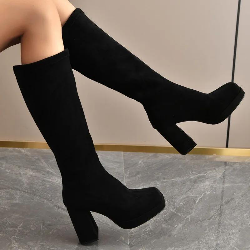 2025 Winter New Brand Women Boots Fashion Round Toe Slip on Knee-high Boots Square High Heel Long Boots Shoes Ladies Black