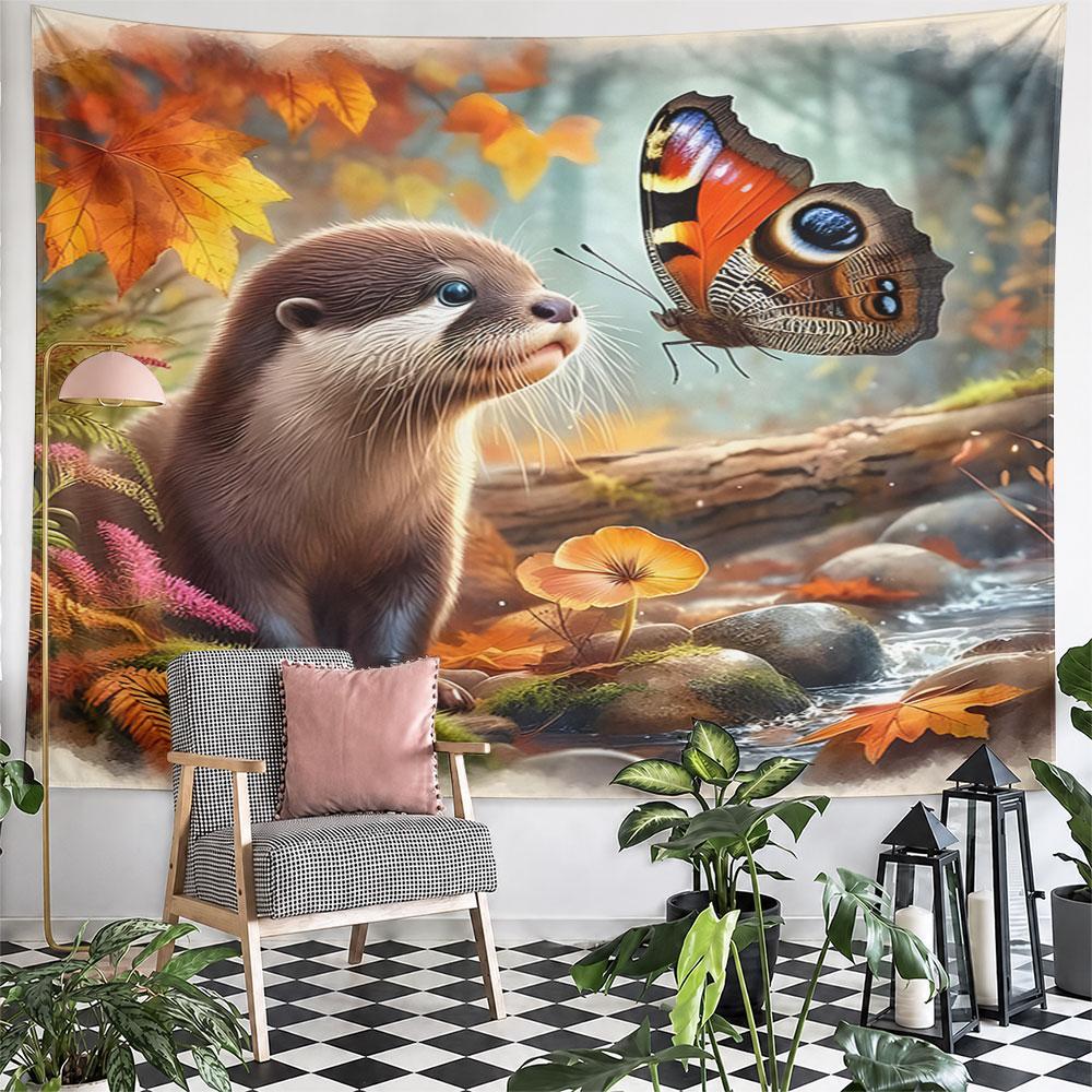 Otter and Butterfly in Autumn Forest Pattern Wall Hanging Tapestry Decorative Tapestry Home Decor for Bedroom and Living Room