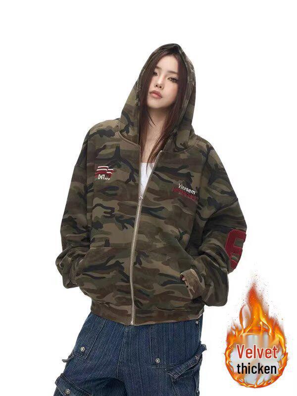 Unisex Tarnfarben Besticktes Vielseitiges Hoodie-Sweatshirt: Trendiger lockerer Schnitt mit Plus-Samt