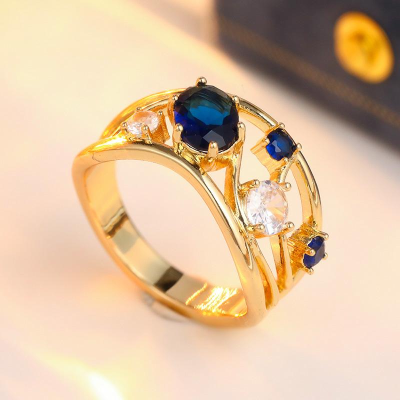 Gorgeous Inlaid White Blue CZ Women's Ring Trendy Gold Color Hand Carving Daily Wear Party Jewelry Anniversary Gift