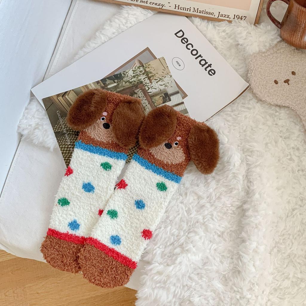 Winter Coral Velvet Dachshund Dog Socks Medium Socks Cartoon Three-Dimensional Fleece Floor Socks Sleeping Socks
