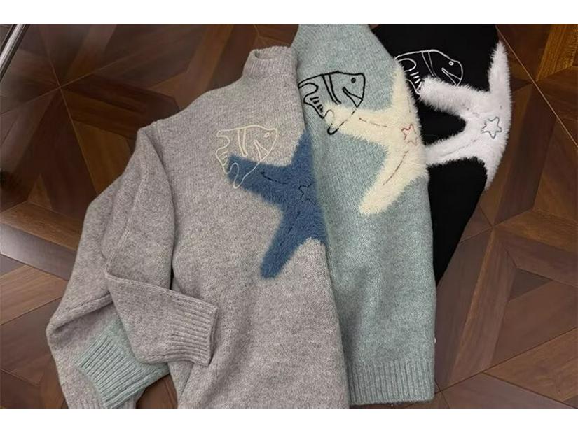 Unisex Korean Lazy Star Embroidered Round Neck Sweater - Casual Autumn/Winter Knit Top
