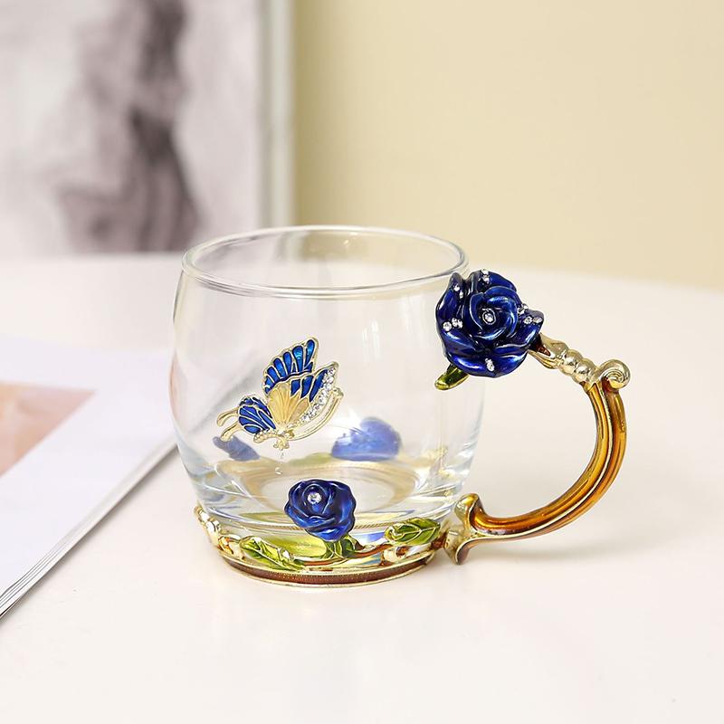 Rose Flower Cup Enamel Water Cup Heat-resistant Glass Cup Enamel Coffee Tea Cup Mug 3D Rose Butterfly Glass Cups Wedding Gift
