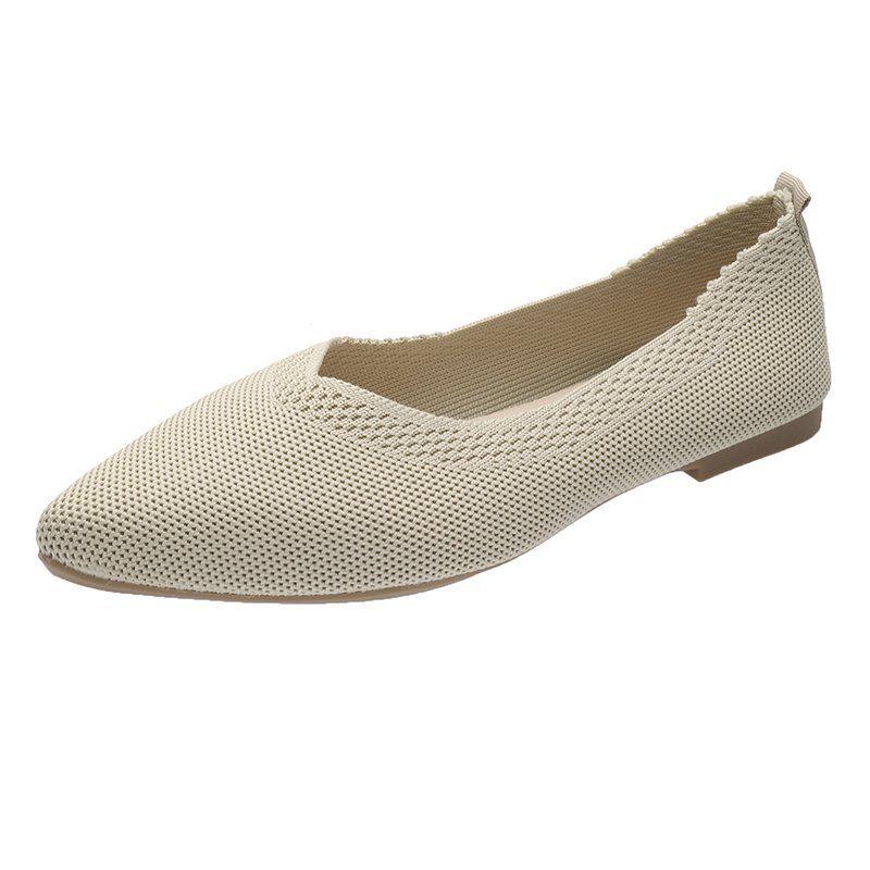 Solid Color Pointed Toe Women's Slip-On Flats - Breathable, Low Heel, Casual Knit Design