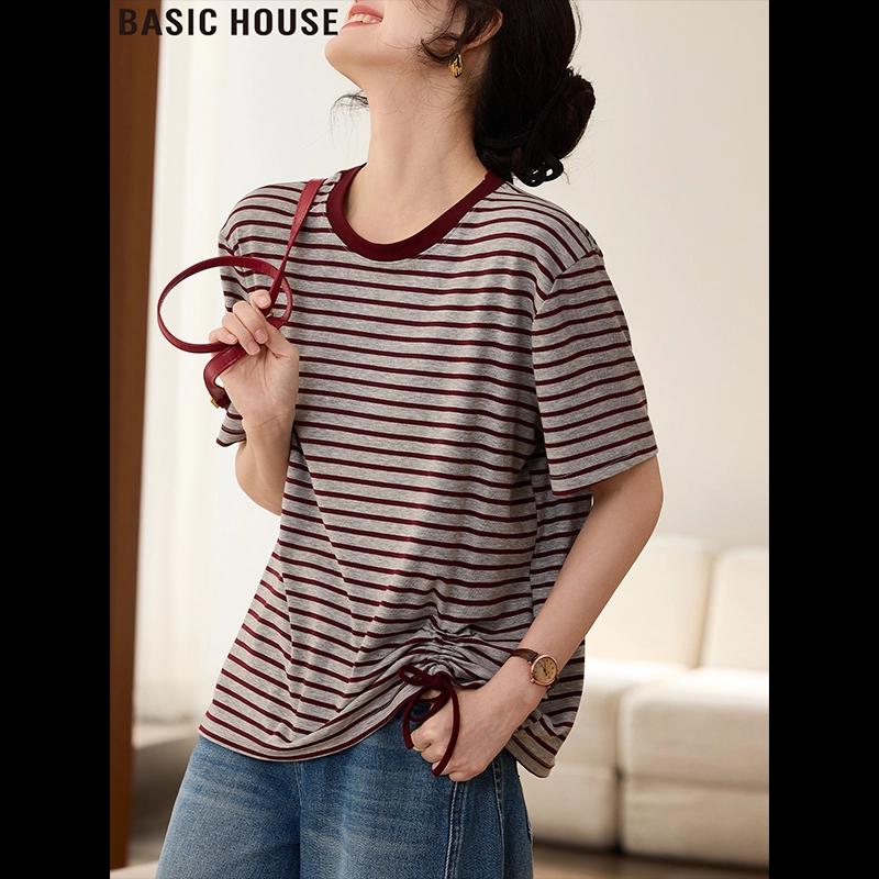 Basic House Women s Color-Block Striped Short Sleeve T-Shirt One Size