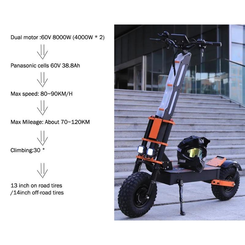 X8 PRO 2025 Neuer E-Scooter 130KM/H 8000W Doppelmotor Elektroroller Lange Reichweite 14 Zoll 60V 8000W Hochgeschwindigkeitsroller Zweirad