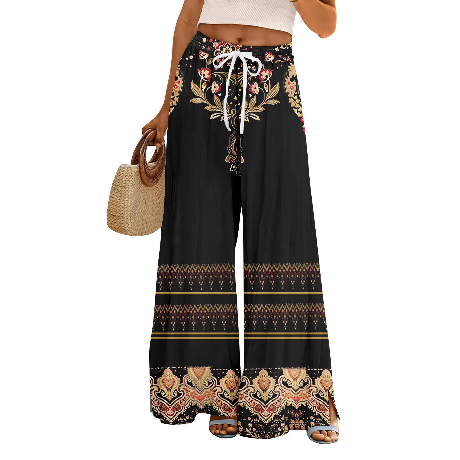 

Жіночі літні штани Boho Palazzo з високою талією Широкі повсякденні штани з квітковим принтом і кишенями S