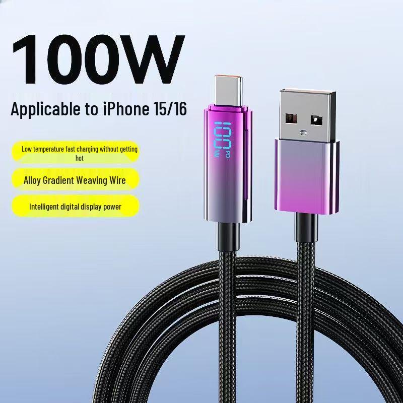 Gradient Braided Dual Type-C Fast Charging Cable with Digital Display for Huawei, Xiaomi, Vivo, Oppo, and Honor