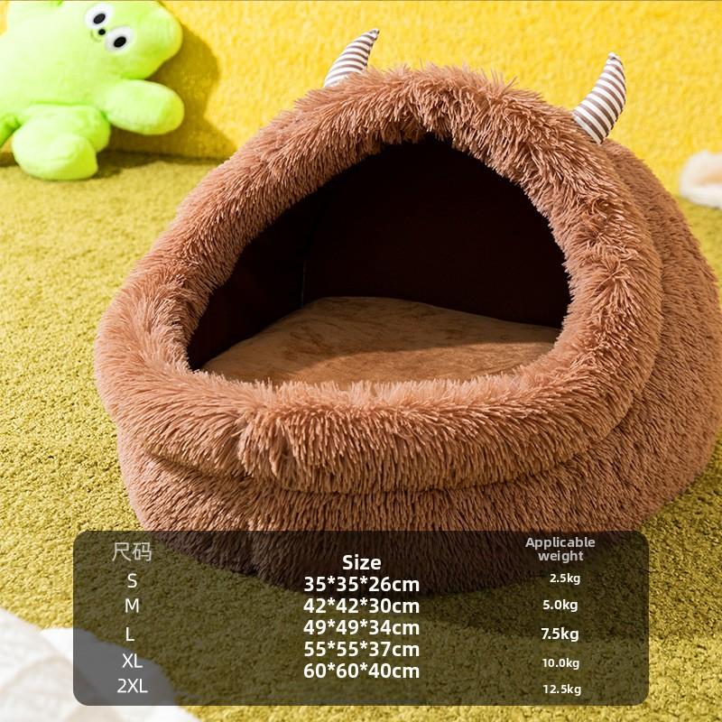 Autumn and Winter Dog Plush Thickened Warm Kennel Long Haired Monster Cat Nest Semi-closed Cute Cartoon Pet Nest