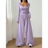 Women Fashion Casual Long Sleeve Square Neck Solid Wide Leg Jumpsuit