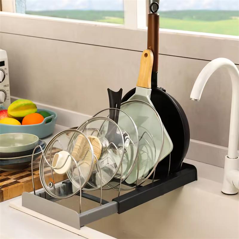 Kitchen supplies storage rack, countertop retractable pot cover rack, pot cover cutting board, tableware drainage bracket
