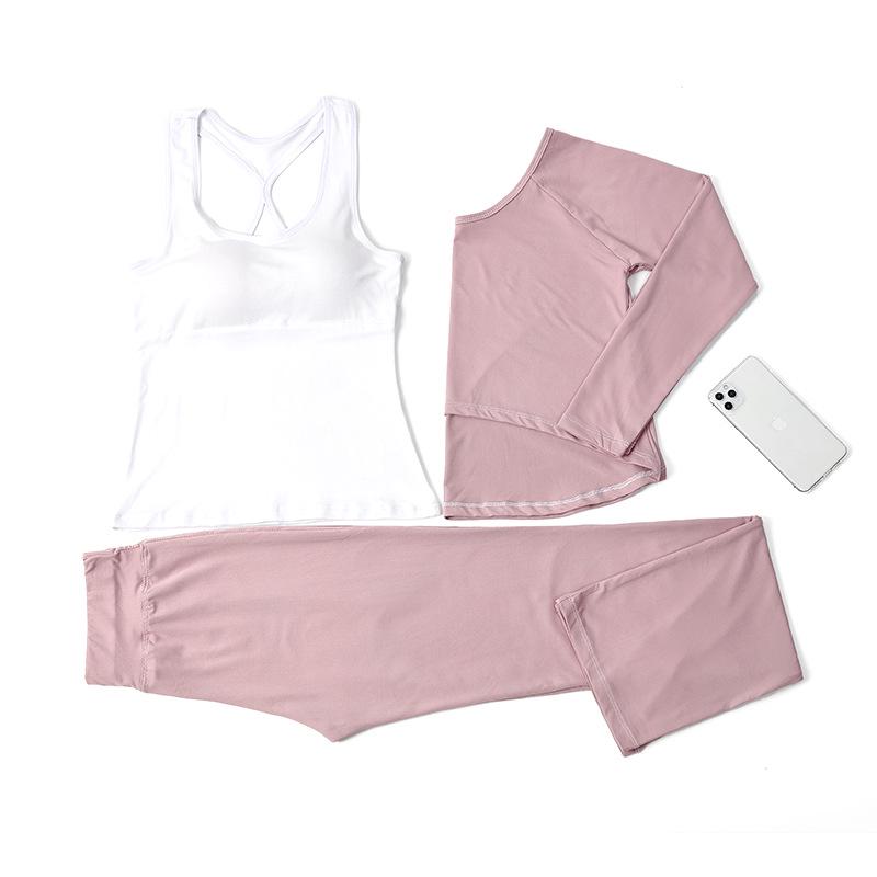 Women's Korean-Style Slimming Yoga Set with Chest Pads - Nude-Feel Double-Sided Brushed Medium-Long Sleeves