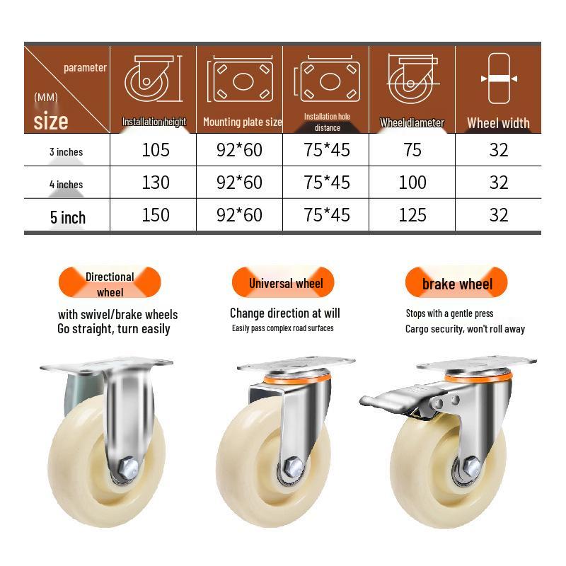 Light to Medium Duty Nylon Swivel Casters with Brake - 3", 4", 5" Sizes Available for Trolleys