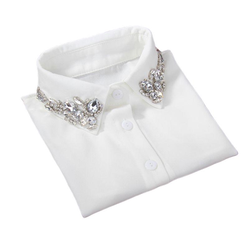 Ladies Women Water Drop Imitation Crystal Chiffon Fake Collars Jewelry Rhinestone Lapel Detachable Button Down Half-Shirt Blouse